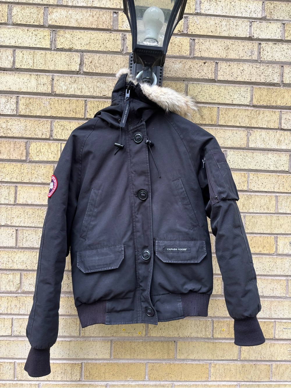 Canada Goose Black Men's Bomber-Style Parka with Fur Trim Hood